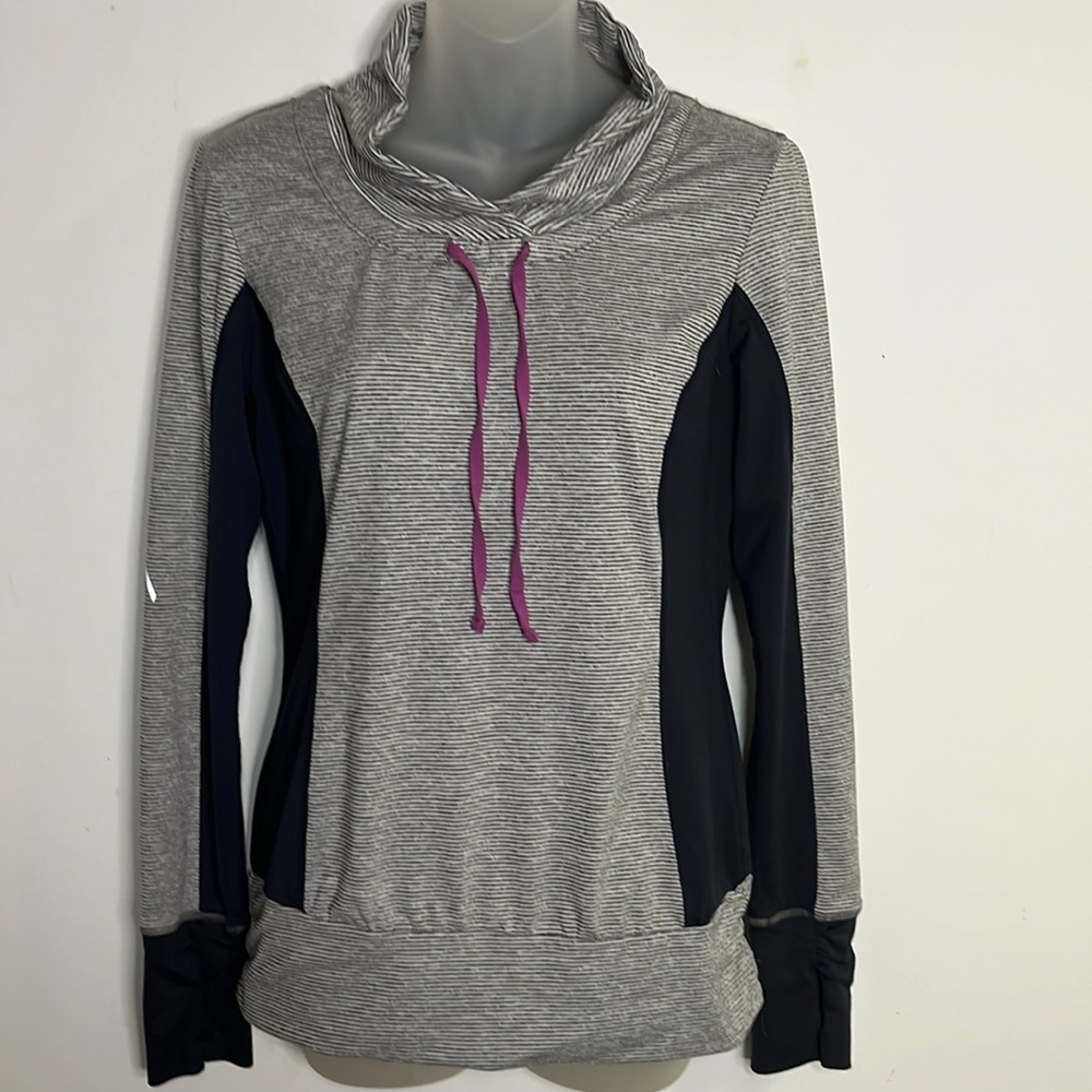 Kiwi Kate Women's Striped Cowl Neck Activewear Pullover with Thumb Holes